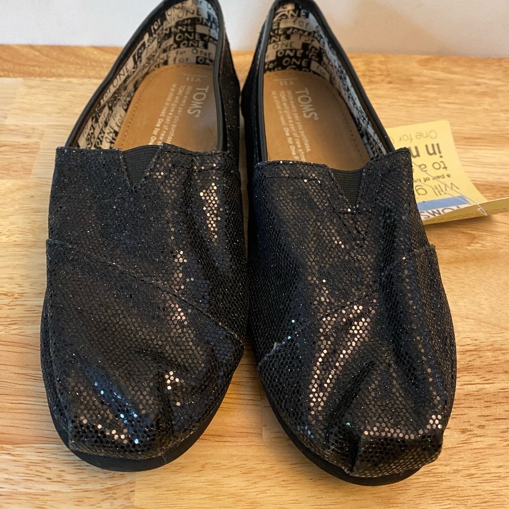 TOMS black glitter slip on